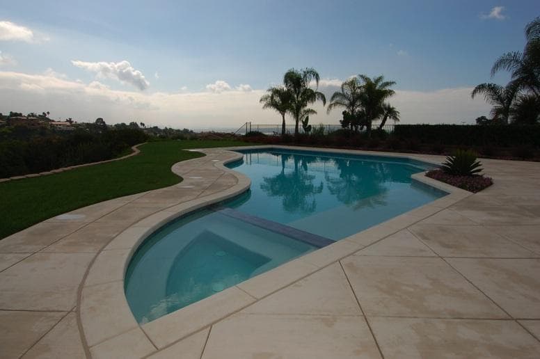 Finished pool project with palms trees in the background.