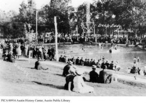 A black and white photo of the oldest pool in Texas, the Deep Eddy.
