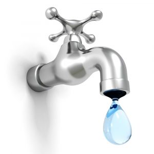 A 3D image of a silver faucet with a blue droplet of water coming out.